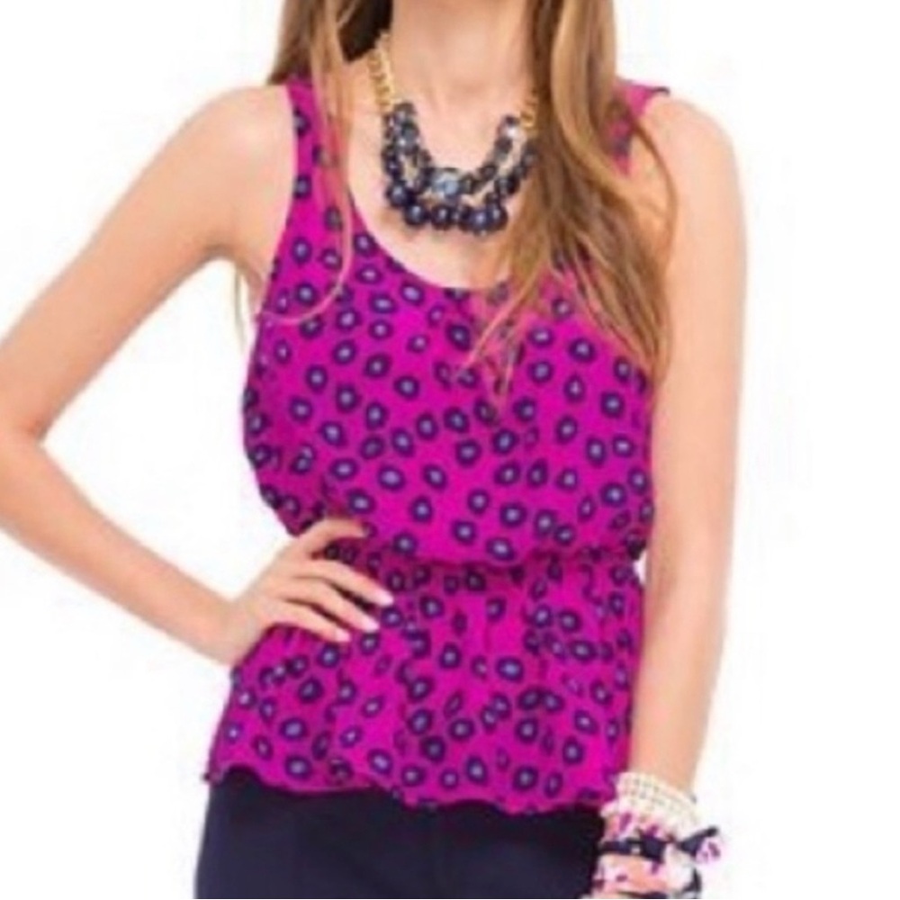 Lilly Pulitzer Fuschia Pink Purple Blue Leopard Spot Silk Peplum Dune Tank Top M